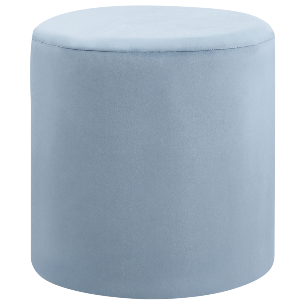 foto del prodotto pouf ottomana poggiapiedi rotondo in velluto di colore azzurro stile moderno soggiorno