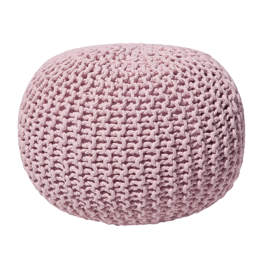 foto del prodotto pouf ottomana rosa in cotone lavorato a maglia perline eps riempimento rotondo piccolo poggiapiedi 50 x 35 cm