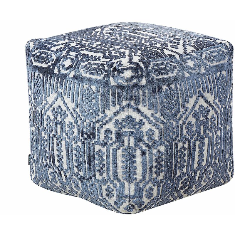 foto del prodotto pouf poggiapiedi quadrato con imbottitura in eps e rivestimento in viscosa con motivo geometrico blu sanawan