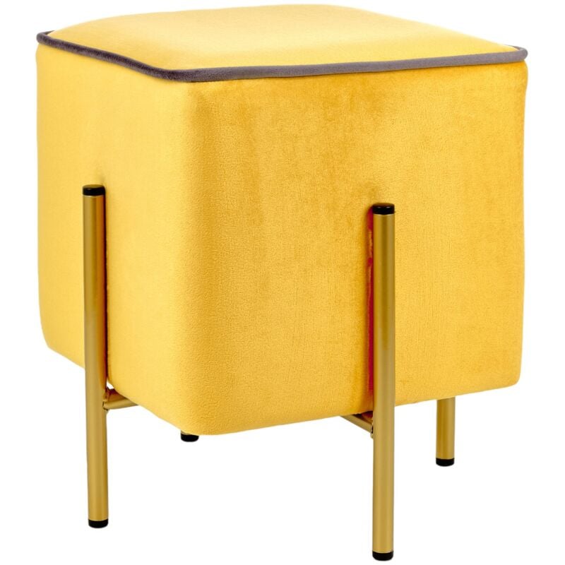 foto del prodotto pouf poggiapiedi quadrato in velluto, pouf da salotto imbottito, pouf panchetto per camera da letto, giallo con bordo ocra, 33x33x38 cm baroni home