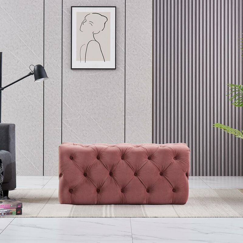 foto del prodotto pouf rettangolare piccolo in velluto melia, panca ottomana, poggiapiedi, design lux, dettagli con bottoni, rosa rosa