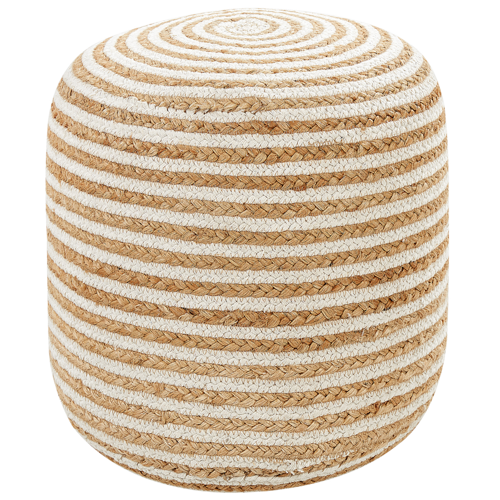 foto del prodotto pouf rotondo beige in iuta intrecciata con strisce bianche 40 x 40 cm stile boho camera da letto soggiorno