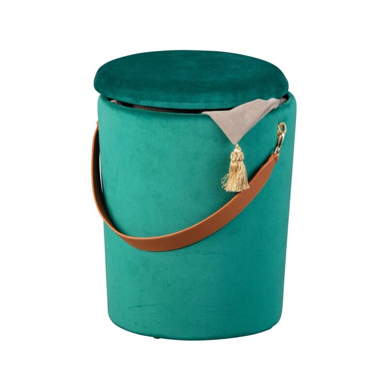 foto del prodotto pouf secchiello in velluto verde con maniglia, 35x35x45 cm