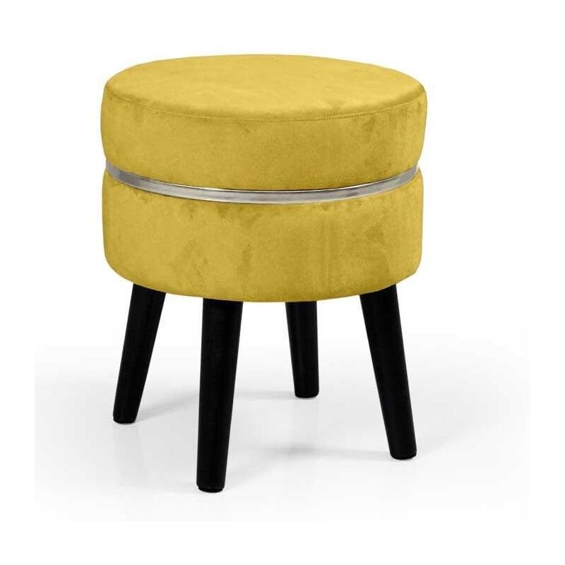 foto del prodotto pouf sgabello poggiapiedi tondo struttura in legno seduta in velluto colore ocra 35 41h cm gambe nere