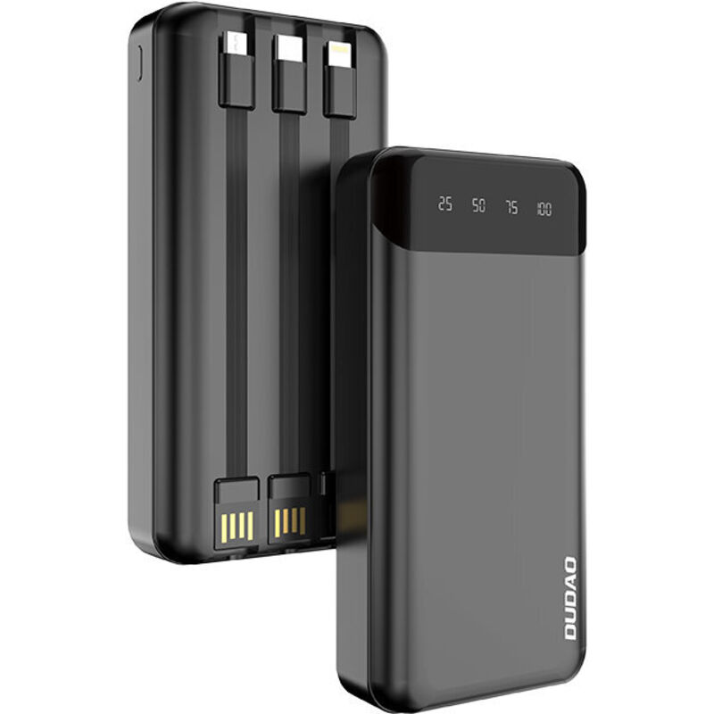 foto del prodotto power bank ad alta capacità da 20000 mah con 3 cavi usb-c microusb lightning integrati, nero