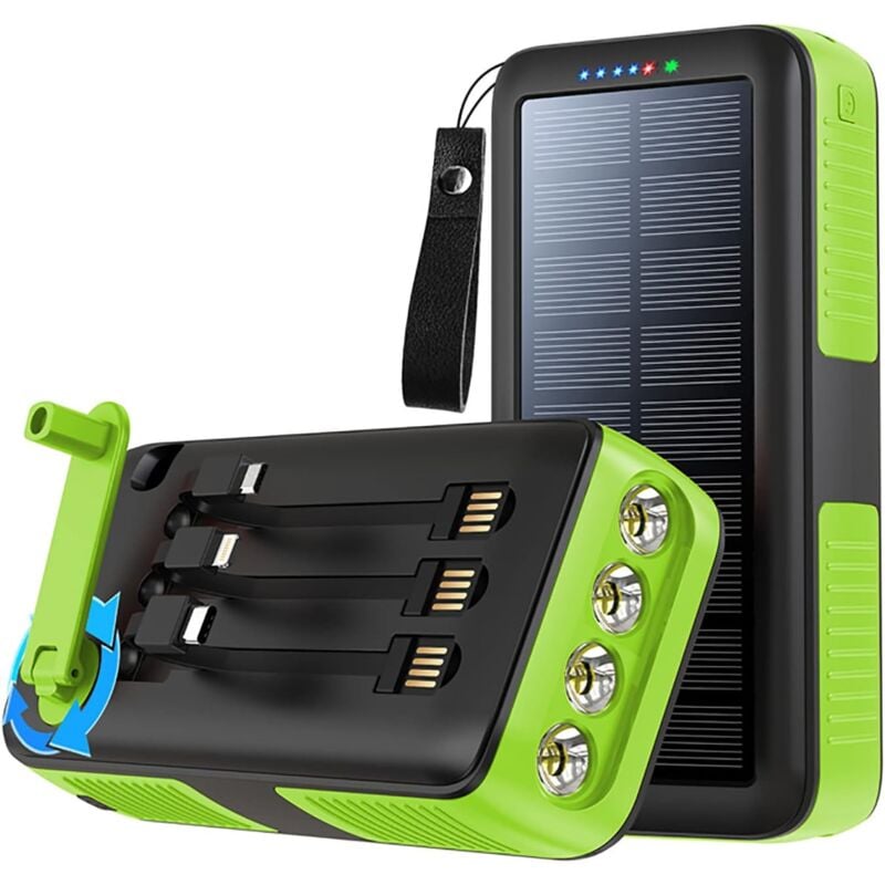 foto del prodotto power bank solare compatto con cavo integrato, caricabatteria a manovella, powerbank impermeabile, torcia led di emergenza, batteria esterna
