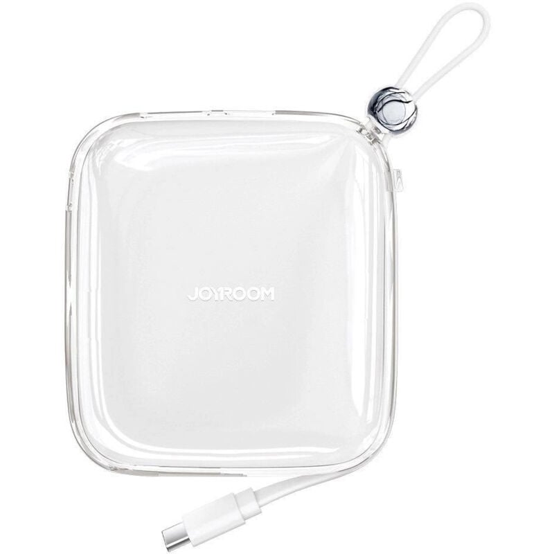 foto del prodotto powerbank 10000mah jr-l005 con cavo lightning per iphone e porta usb-a bianco