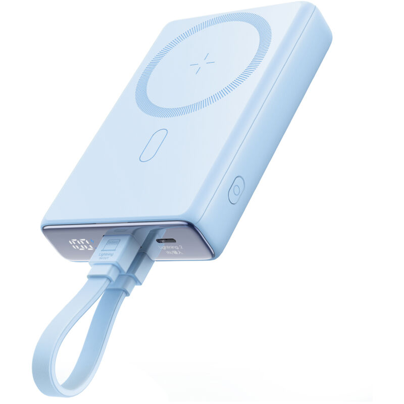 foto del prodotto powerbank magnetica 10000mah 20w con supporto cavo lightning usb c blu