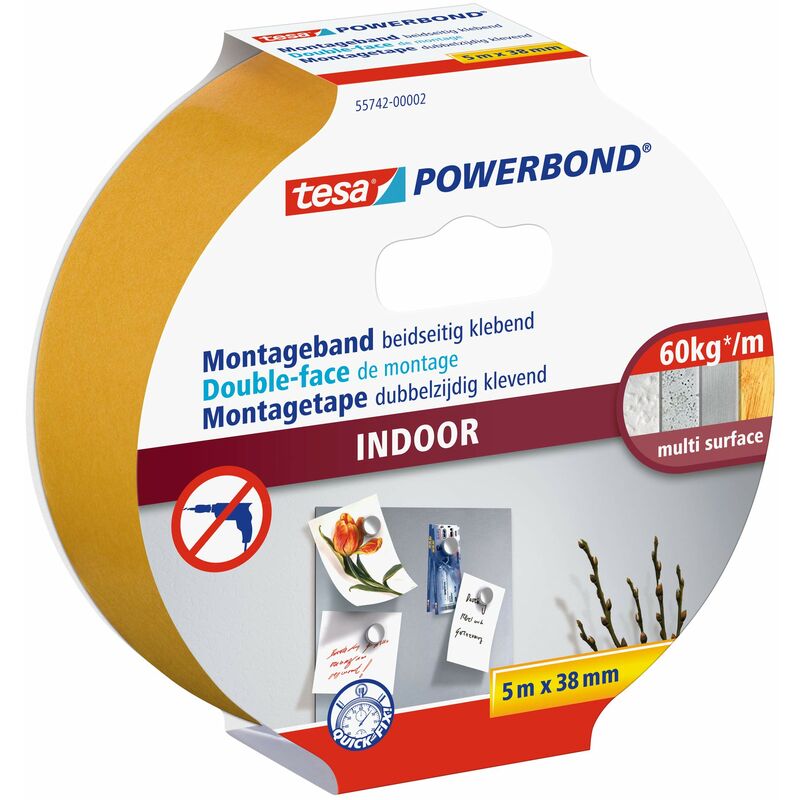 foto del prodotto powerbond indoor nastro di montaggio biadesivo per interni adesivo forte su entrambi i lati, per un montaggio permanente 5 m tesa