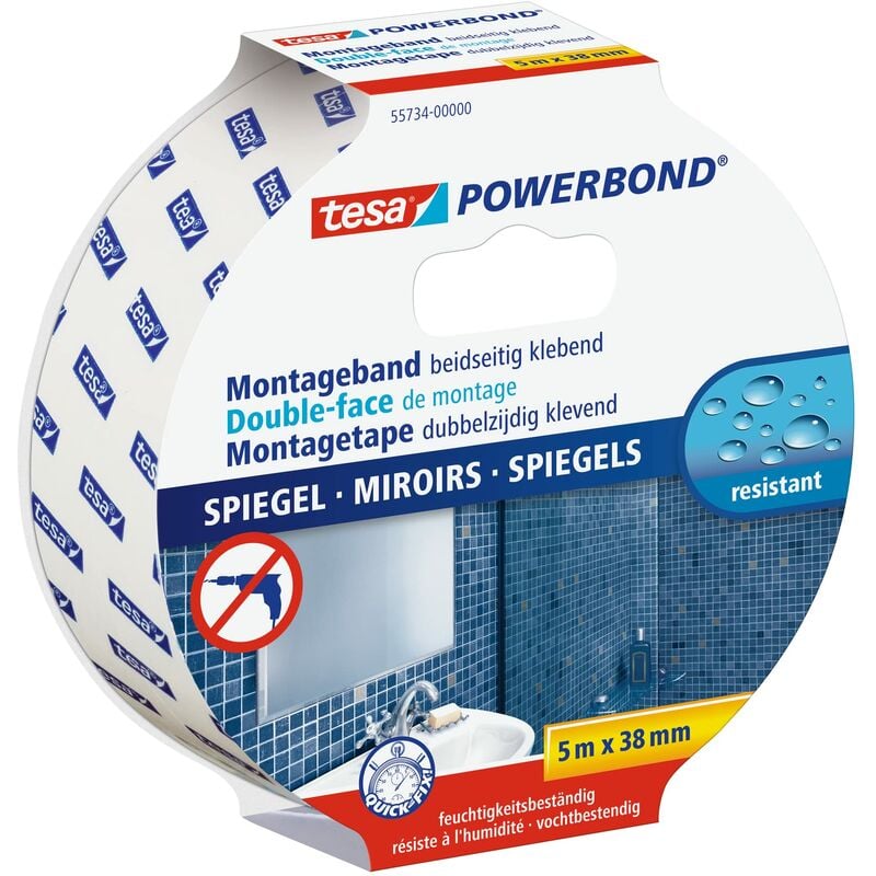 foto del prodotto powerbond specchi - nastro biadesivo per specchi - nastro adesivo resistente all'umidità, adatto per docce e bagni - 5 m x 38 mm - tesa