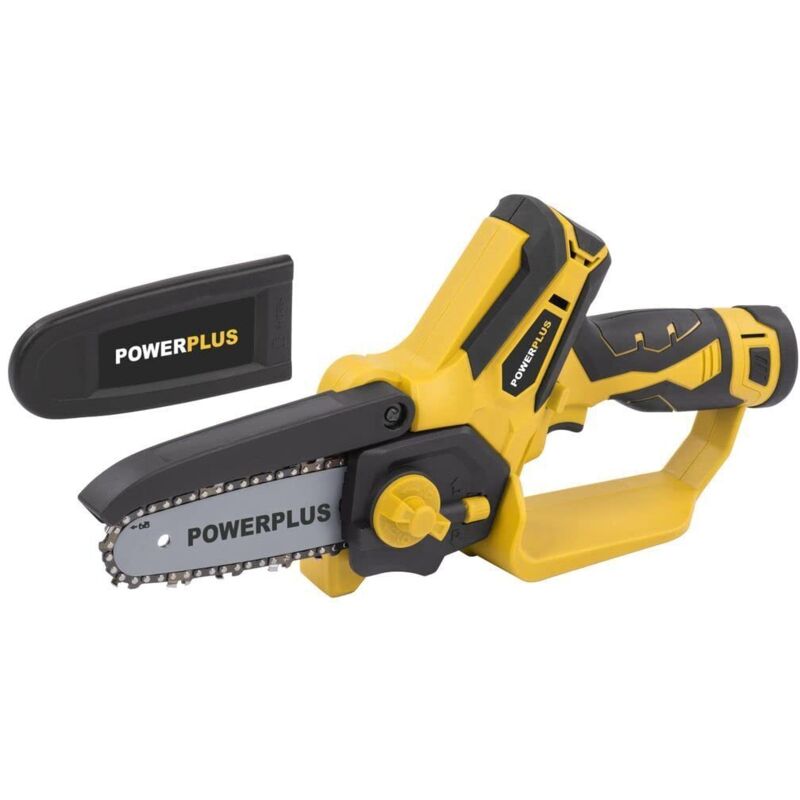 foto del prodotto powerplus motosega con batteria da 12 v e caricabatterie, piccola sega elettrica con sega da 100 mm per funzionamento con una sola mano, attrezzi da