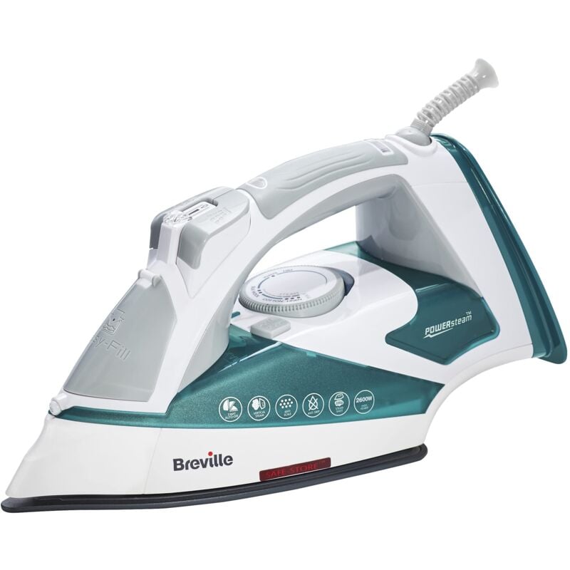 foto del prodotto powersteam 2600w ferro da stiro a vapore, piastra in ceramica, colpo vapore 220 g, getto vapore verticale 50g min, auto spegnimento, bianco turchese