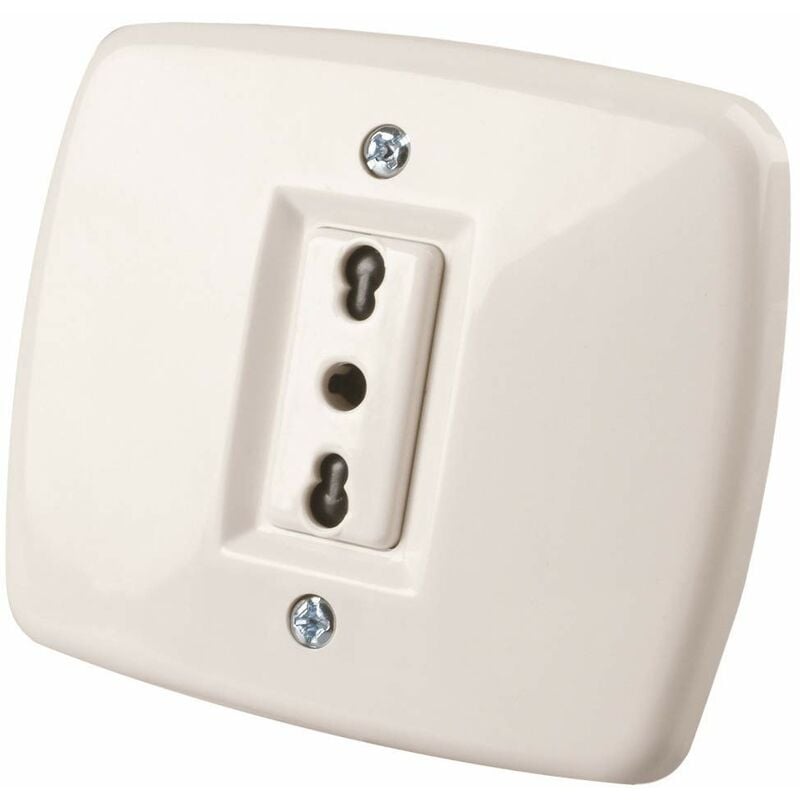 foto del prodotto pp0137x presa corrente elettrica a incasso bivalente per spina italiana 10a 250vcolore avorio con scatola rettangolare per fissaggio made in