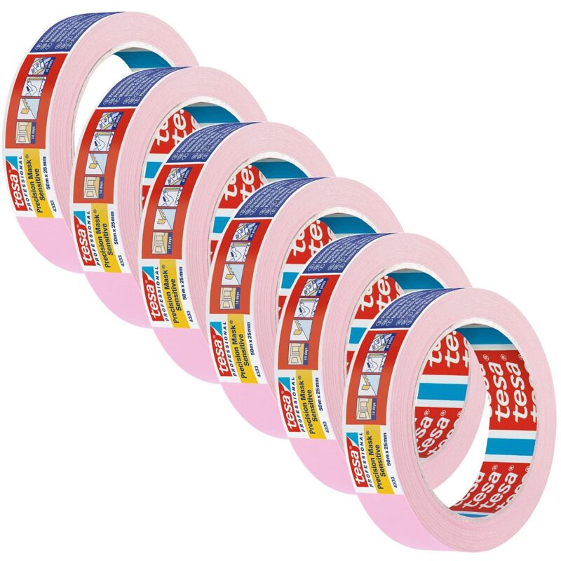 foto del prodotto precision masking tape 4333 per superfici sensibili interne, estremamente piatto rosa chiaro, 50 m x 25 mm ciascuno, confezione da 6 tesa
