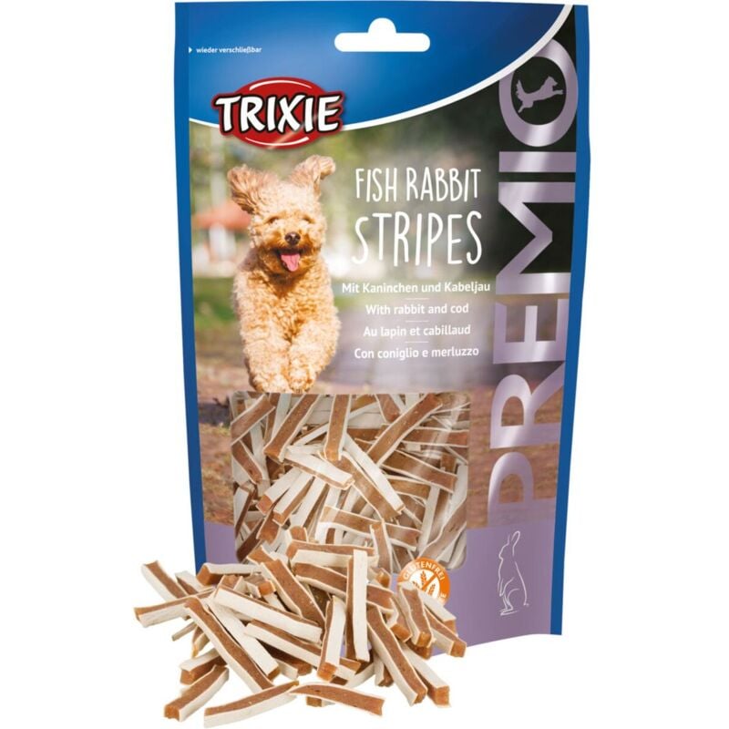 foto del prodotto premio fish rabbit stripes con merluzzo e coniglio da 100 trixie