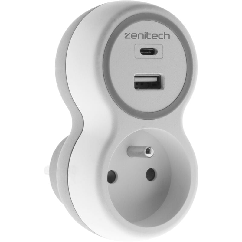 foto del prodotto presa 16a con caricabatterie usb a c bianco e grigio zenitech