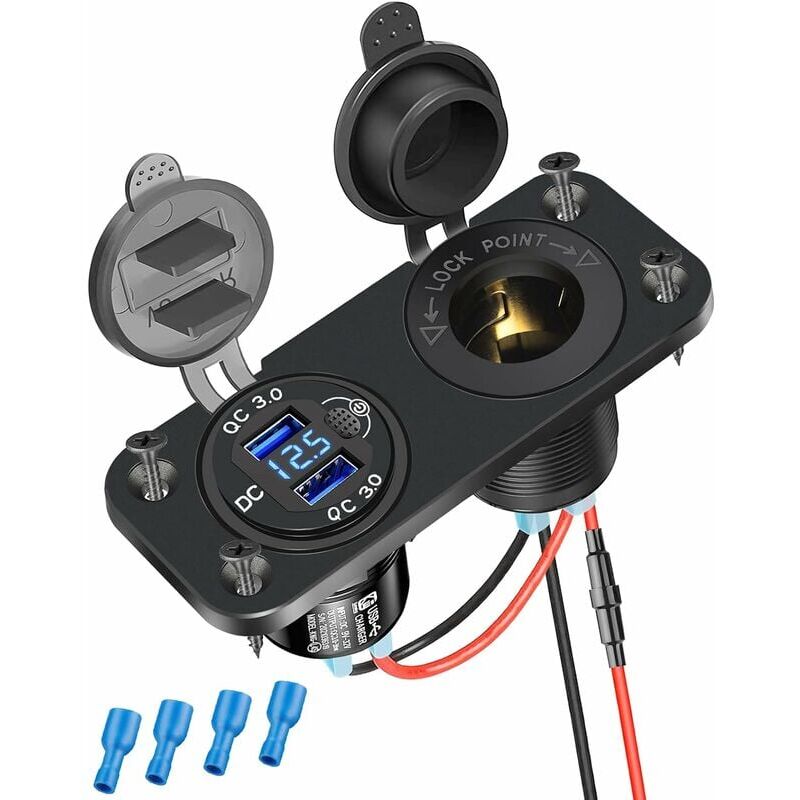 foto del prodotto presa accendisigari con ricarica rapida 3.0, presa usb 12v 24v con voltmetro led e doppia presa di alimentazione usb impermeabile per auto, camper,