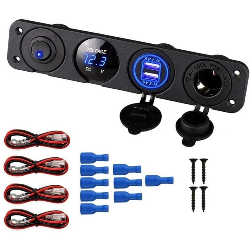 foto del prodotto presa accendisigari, doppia porta usb 2.1a, presa dc 12v, interruttore e display led voltmetro presa di alimentazione caricabatteria per auto