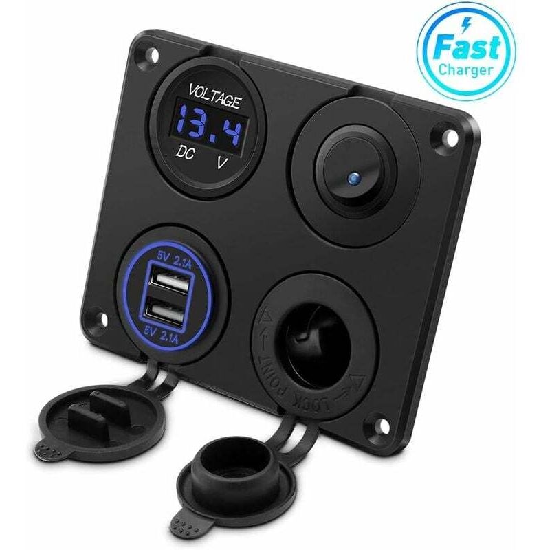 foto del prodotto presa accendisigari, doppia porta usb 4.2a, presa dc 12v, interruttore e display led voltmetro presa di alimentazione caricabatteria per auto