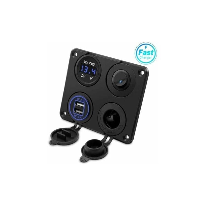 foto del prodotto presa accendisigari, doppia porta usb 4.2a, presa dc 12v, interruttore e display led voltmetro presa di alimentazione caricabatteria per auto