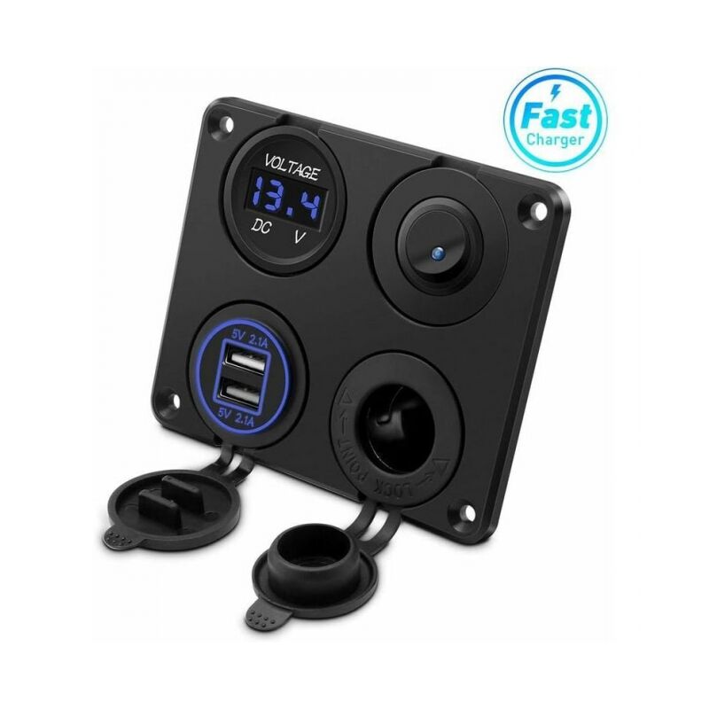 foto del prodotto presa accendisigari, doppie porte usb 4,2 a, presa cc 12 v, interruttore e voltmetro con display led, caricabatteria da auto impermeabile per auto da