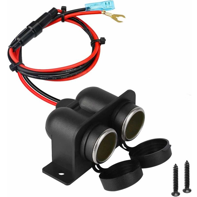 foto del prodotto presa accendisigari, presa accendisigari a doppio foro impermeabile e antipolvere 12v 24v dc per barca, moto, moto, con prolunga da 60 cm e fusibile
