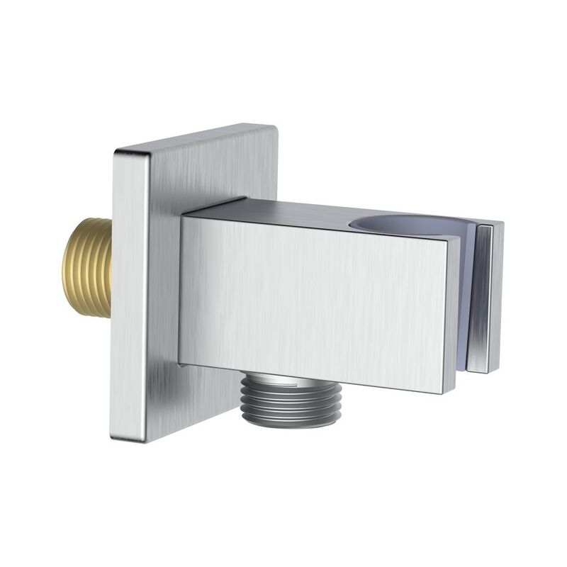 foto del prodotto presa acqua quadrata con supporto doccino in ottone color acciaio spazzolato