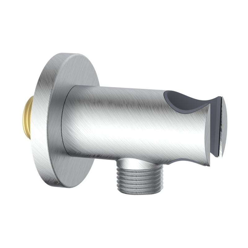 foto del prodotto presa acqua tonda con supporto doccino in ottone color acciaio spazzolato