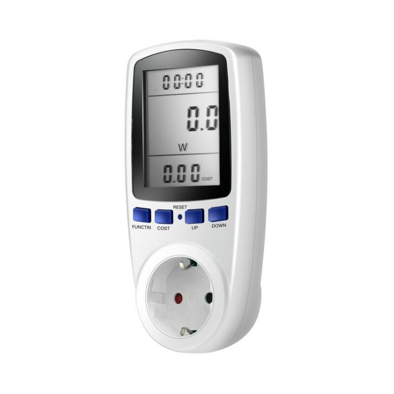 foto del prodotto presa bianca con contatore di energia, display lcd, 16a, 230v, 50hz, consumo energetico, amperaggio, tensione, potenza massima 3680 w