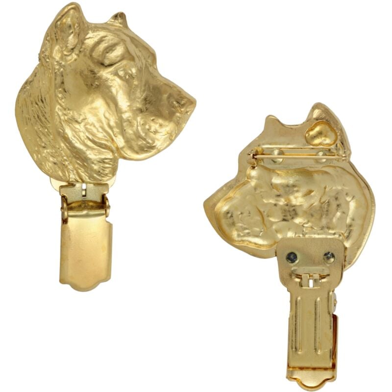 foto del prodotto presa canario, cane delle canarie spilla con clip, porta numero di partenza placcato in oro, elegante distintivo per esposizioni canine di art dog