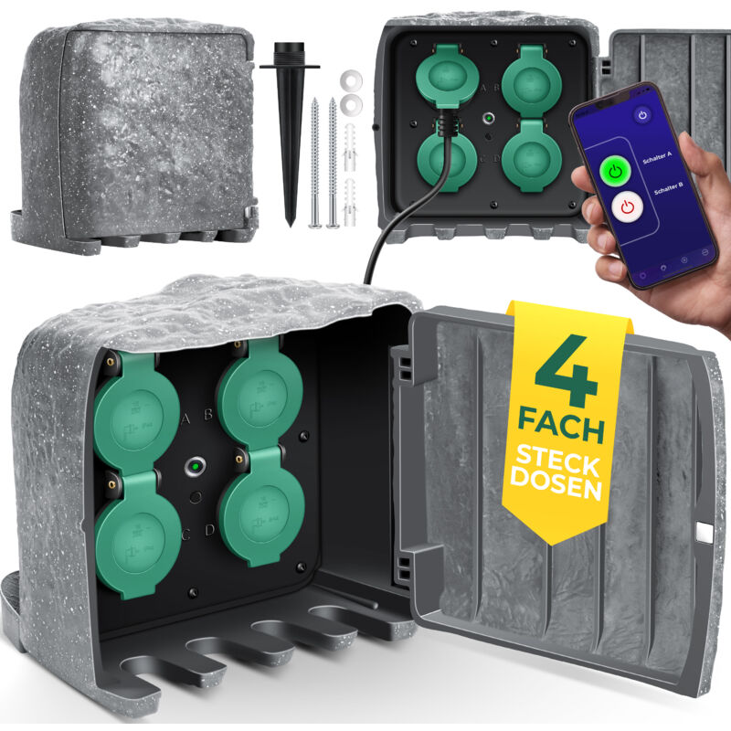foto del prodotto presa da giardino stone look con 4 prese con funzione wifi controllo tramite app incluso picchetto di terra prese multiple da esterno con