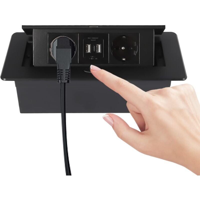 foto del prodotto presa da incasso a scomparsa, tavolo nascosto, presa multipla impermeabile con 2 usb, una di tipo c e 2 prese, presa pop up per piano di lavoro, nero