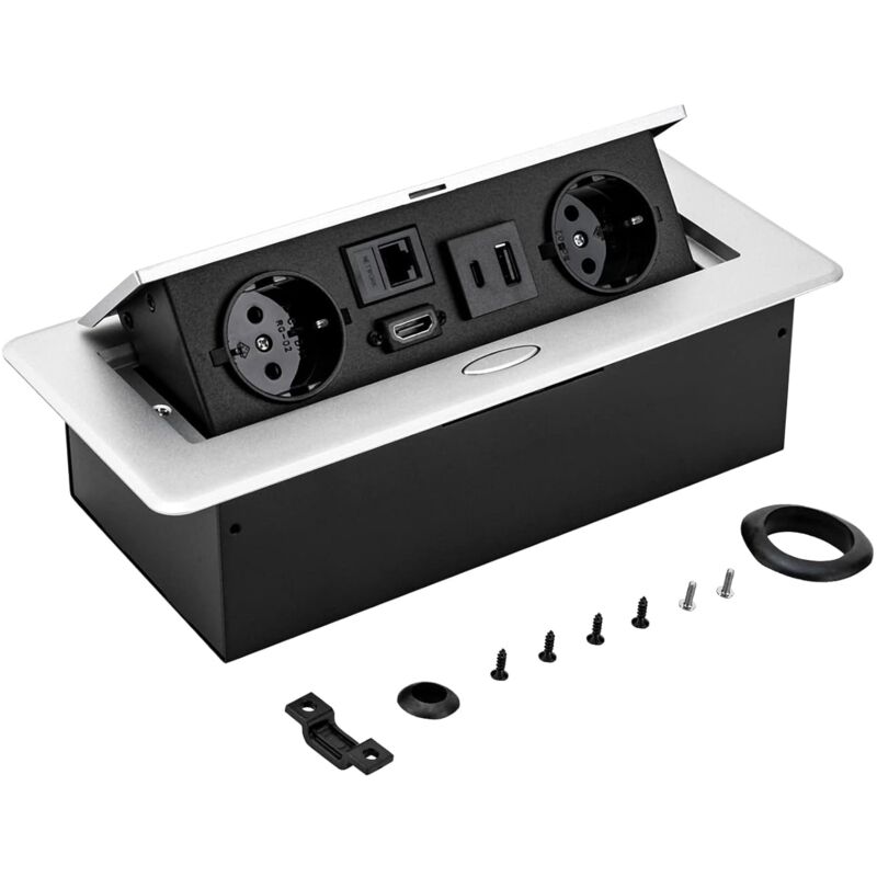 foto del prodotto presa da tavolo nascosta, presa da incasso presa da tavolo pop up con 2 prese da 16a ue, lan, hdmi e caricabatterie usb tipo 5v 2a