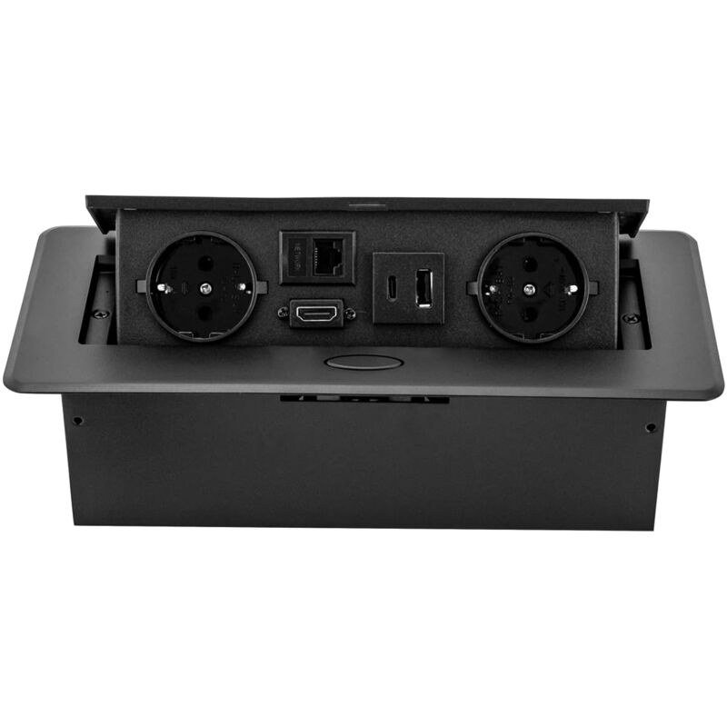 foto del prodotto presa da tavolo retrattile, presa da tavolo a scomparsa, in alluminio, con 2 porte lan hdmi e 5 v, 2 a, usb typec, colore nero