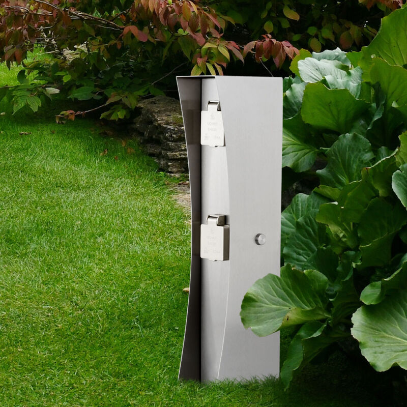 foto del prodotto presa di corrente da esterno presa di corrente a 2 pieghe a colonna da giardino presa di corrente in acciaio inox argento, con coperchio