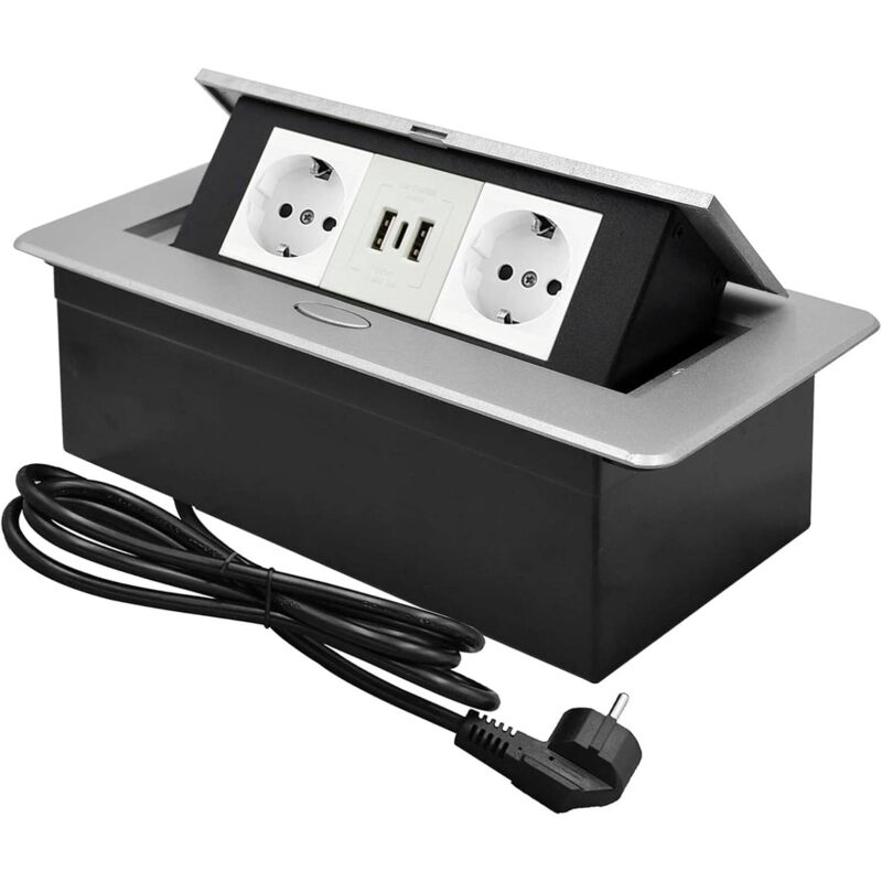 foto del prodotto presa di corrente da incasso, multipresa da piano di lavoro argentata, multipresa retrattile con 2 prese e porta usb e porta type c, presa da piano