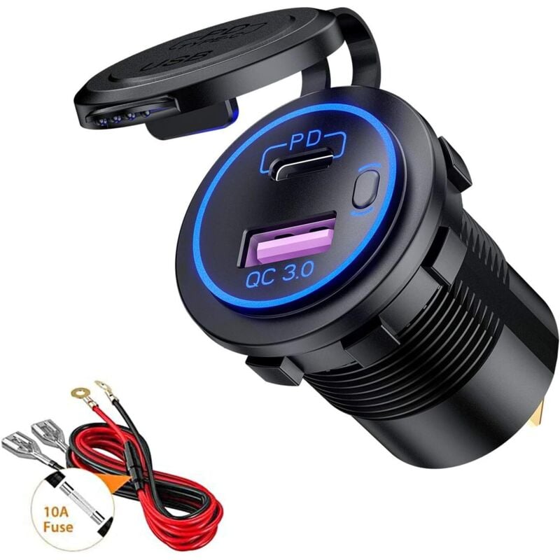 foto del prodotto presa di ricarica per auto usb qc3.0 e pd type c con interruttore led impermeabile per auto, barche, motociclette, 12 v 24 v, blu lablanc