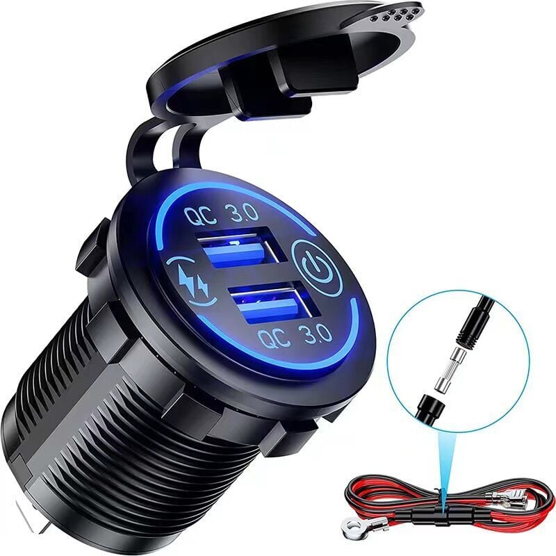 foto del prodotto presa di ricarica usb 3.0 doppia, 12v 24v impermeabile con interruttore touch per auto, barca, camper, blu