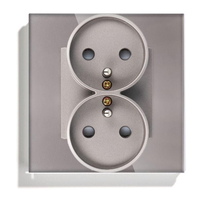foto del prodotto presa elettrica con spinotto 230v doppia grigia con cornice in vetro