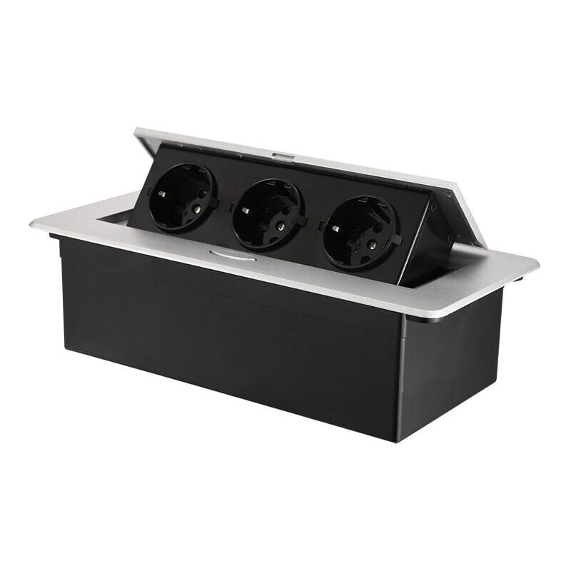 foto del prodotto presa elettrica da incasso retrattile con 3 prese per piani di lavoro, come presa da tavolo o da pavimento per cucine, uffici, disposizione