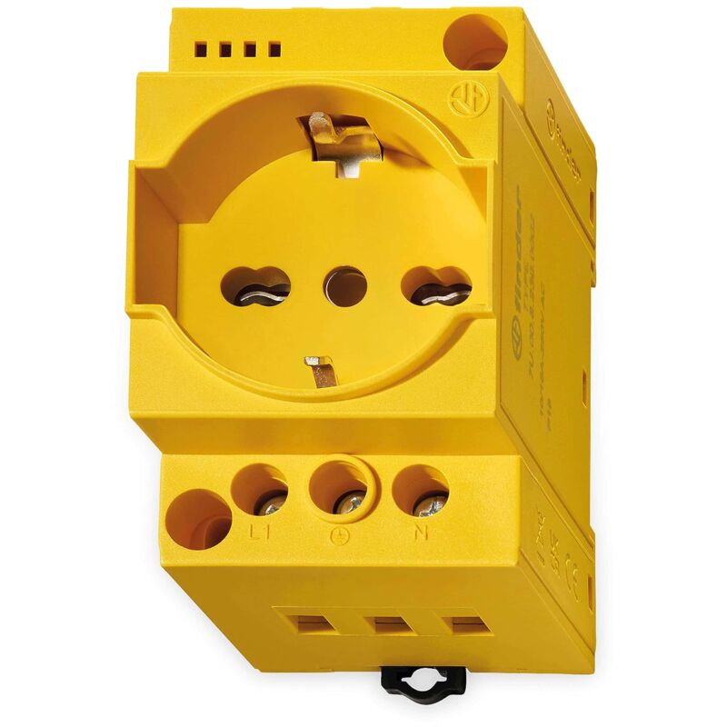 foto del prodotto presa elettrica da quadro finder schuko bipasso italiana colore giallo. con led di presenza tensione nella presa