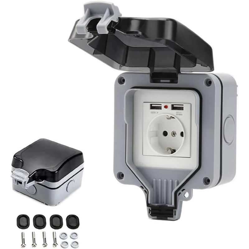 foto del prodotto presa impermeabile ip66 con connessioni usb presa elettrica esterna con coperchio presa a muro scatola per giardino garage piscina