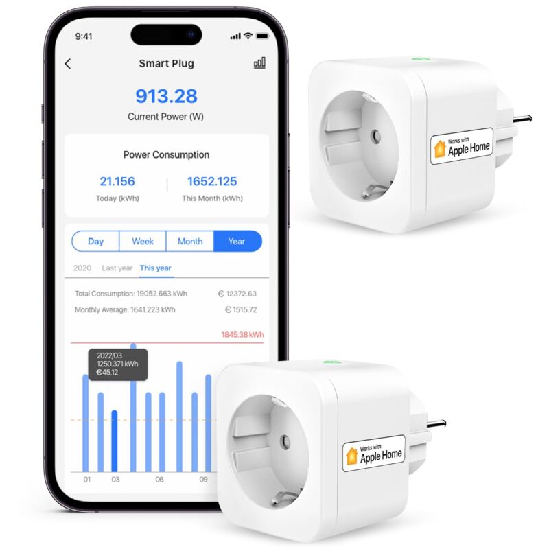 foto del prodotto presa intelligente con monitoraggio energia, spina wifi controllo remoto, compatibile con apple homekit, alexa e google home, funziona timer, 3840w,