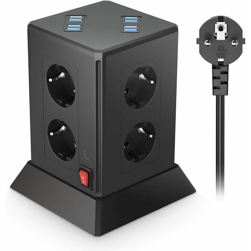 foto del prodotto presa multipla a 8 vie con usb, prese multiple con 8 porte usb, 8 prese e 2 interruttori, torretta di protezione da sovraccarico per casa e ufficio,