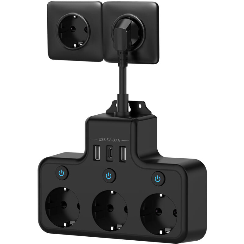 foto del prodotto presa multipla con interruttore individuale, multipresa con 3 prese usb c e 3 caricatori usb, multipresa da parete adattatore per prese usb multiple