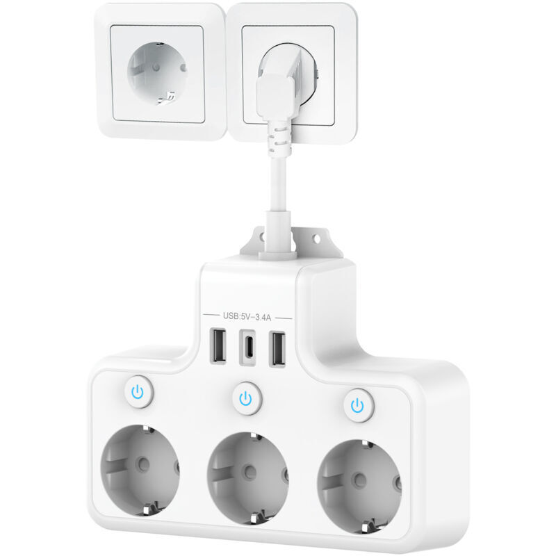 foto del prodotto presa multipla con interruttore individuale, multipresa con 3 prese usb c e 3 caricatori usb, multipresa da parete adattatore per prese usb multiple