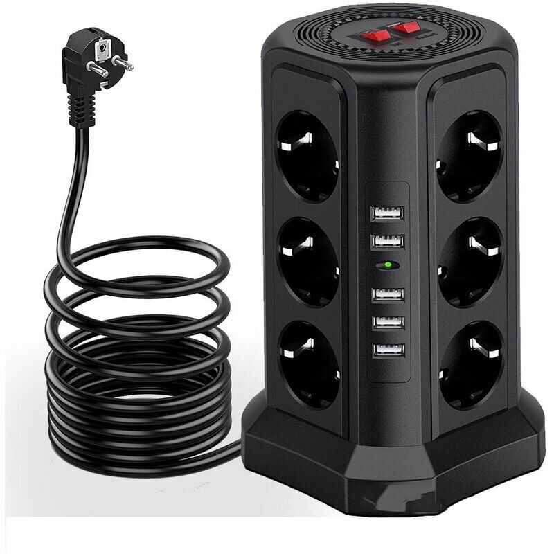 foto del prodotto presa multipla con protezione da sovratensione e sovratensione, presa multipla con 5 porte usb e 12 prese, presa multipla con 3 interruttori, nero