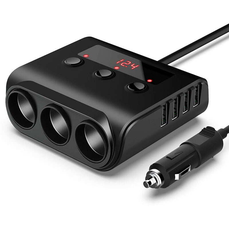 foto del prodotto presa splitter per caricabatterie accendisigari da auto, adattatore per accendisigari da 120 w con 4 porte usb, interruttore separato, indicatore di