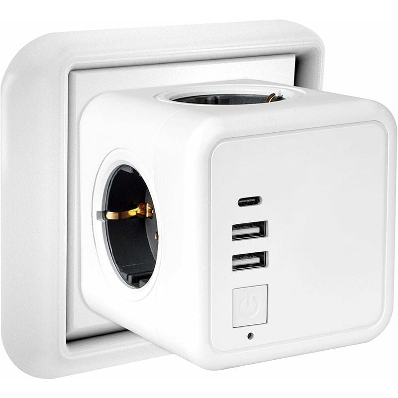 foto del prodotto presa usb multipla, ciabatta da parete a cubo 4 prese con 3 prese usb, blocco presa multipresa usb 7 in 1 con interruttore, caricatore multipresa da