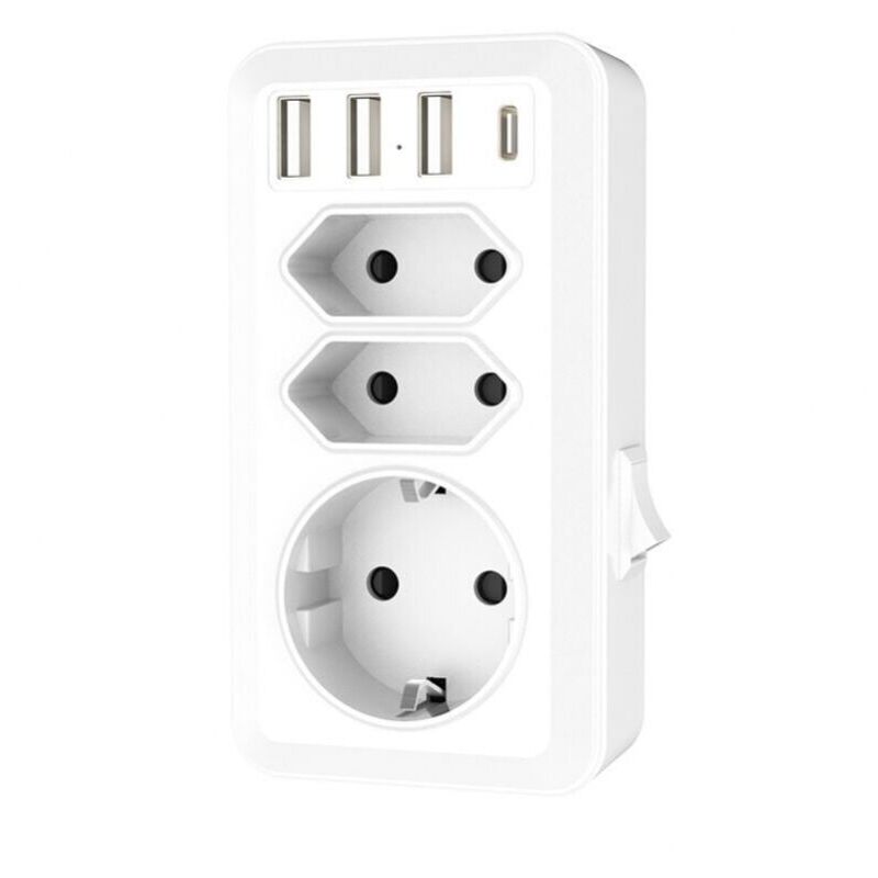 foto del prodotto presa usb, multipresa 7 in 1 con 3 porte usb e 1 porta di tipo c, adattatore per multipresa a 3 vie con caricabatterie usb 2 prese europee e 1